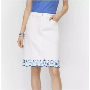 Talbots White Embroidered Blue Floral Trim Scalloped Denim Skirt Plus Size 20W